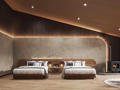 Hotel Guest Room With Twin Beds Wooden Headboards Concrete Textured Walls Fireplace And Recessed Lighting 3d model