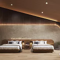 Hotel Guest Room With Twin Beds Wooden Headboards Concrete Textured Walls Fireplace And Recessed Lighting