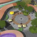 Modern Commercial Landscape Design With Curved Pathways Purple Structures And Lush Greenery
