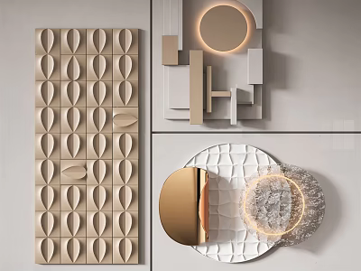 Modern Wall Decor With Geometric Leaf Shaped Panels And Circular Gold Accents 3d model