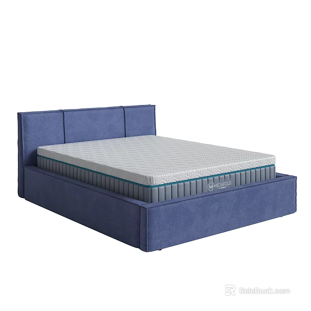 Modern Double Bed With Blue Upholstered Frame And White Comfortable Mattress 3d model 