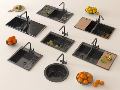 Modern Kitchen Sinks with Faucet Drainer Basket Cutting Board and Fresh Oranges Lemons 3d model