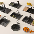 Modern Kitchen Sinks with Faucet Drainer Basket Cutting Board and Fresh Oranges Lemons