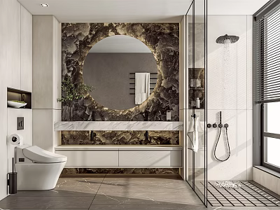 Modern Bathroom Interior With Round Mirror Marble Countertop And Glass Shower Area 3d model