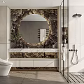 Modern Bathroom Interior With Round Mirror Marble Countertop And Glass Shower Area