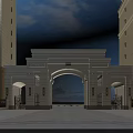 Classical Arched Stone Entrance Gate With High Rise Buildings And Spacious Plaza
