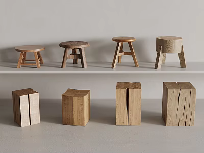 Natural Wooden Stools With Various Shapes And Designs On Shelves 3d model