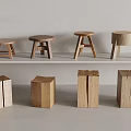 Natural Wooden Stools With Various Shapes And Designs On Shelves