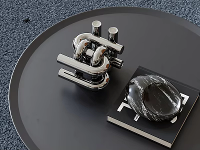 Contemporary Decorative Ornament Set Featuring Silver Metal Sculptural Piece and Black Marble Decorative Stone on Black Circular Tray 3d model
