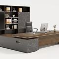 Modern Wooden Office Desk With Side Bookshelf Computer Monitor Books And Marble Accents