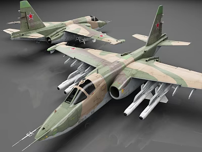 Two Camouflage Painted Military Fighter Jets With Red Star Emblems And Weapons 3d model