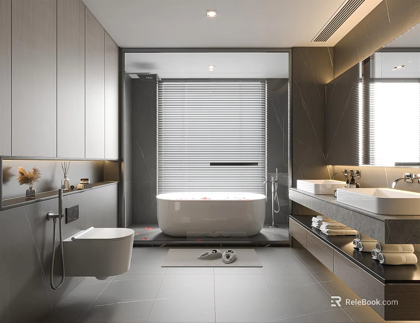 Modern Bathroom Interior With Gray Cabinetry White Bathtub Double Sinks And Large Mirror Blinds 3d model 