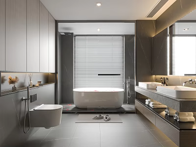 Modern Bathroom Interior With Gray Cabinetry White Bathtub Double Sinks And Large Mirror Blinds 3d model