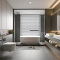 Modern Bathroom Interior With Gray Cabinetry White Bathtub Double Sinks And Large Mirror Blinds