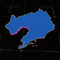 3D Terrain Map Green Land Area With Blue Surrounding Water And Grid Background