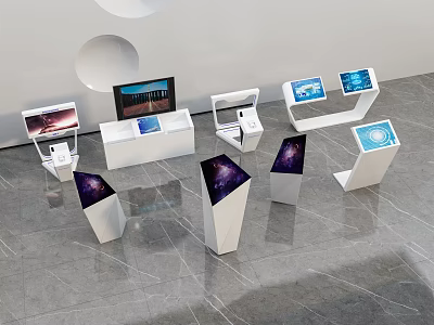 Modern Public Facilities Featuring White Interactive Display Stands With Digital Screens 3d model