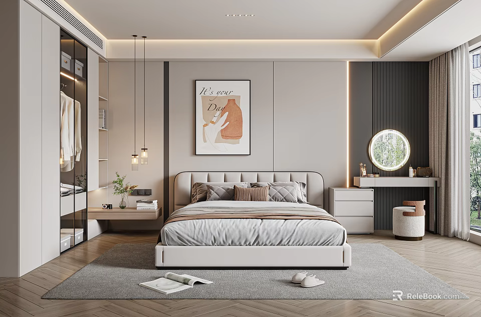 Elegant Modern Bedroom Interior Design With Framed Art Pendant Lights And Dressing Table 3d model 