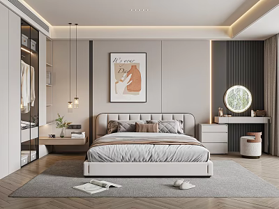 Elegant Modern Bedroom Interior Design With Framed Art Pendant Lights And Dressing Table 3d model