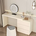Stylish White Dressing Table With Round Mirror Drawers Stool And Decorations 3d model