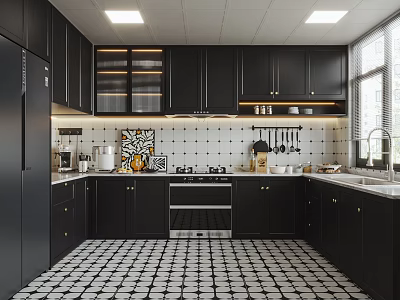 Modern Kitchen Interior With Black Cabinets Black White Geometric Floor Tile Backsplash And Appliances 3d model