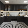 Modern Kitchen Interior With Black Cabinets Black White Geometric Floor Tile Backsplash And Appliances
