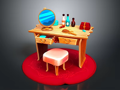 Elegant Wooden Dressing Table With Round Mirror Bottles Red Box And Stool On Red Rug 3d model