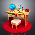 Elegant Wooden Dressing Table With Round Mirror Bottles Red Box And Stool On Red Rug