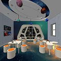 Space Themed Kindergarten Interior With White Orange Tables Chairs And Starry Decor