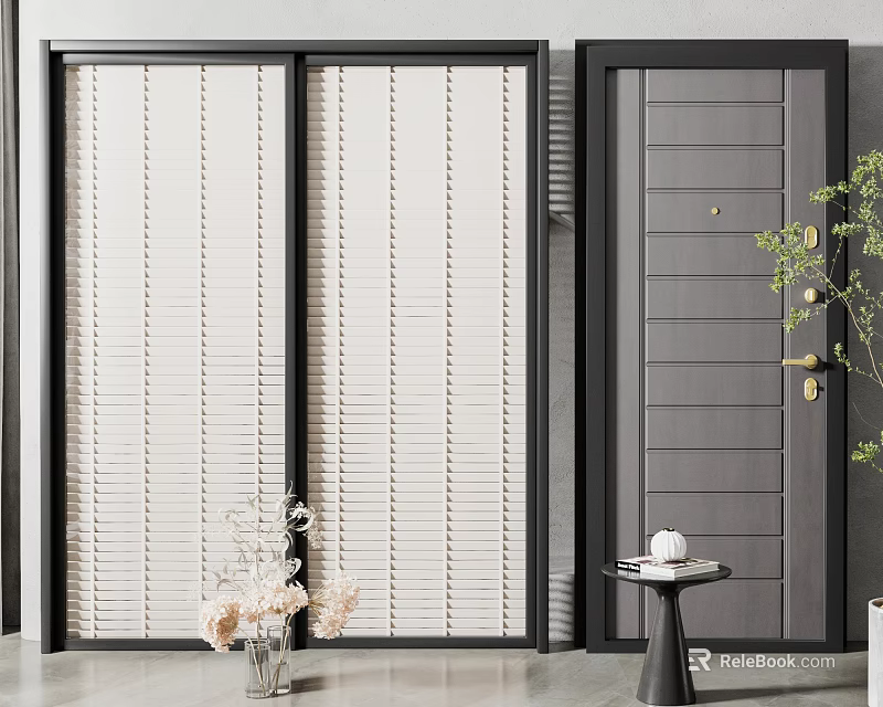Sliding Doors With Blinds Design Black Frames And Light Panels For Modern Interior 3d model 