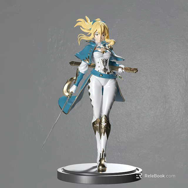 Detailed Anime Warrior Figurine With Blonde Hair Blue White Outfit Sword And Standing Pose 3d model 
