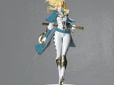 Detailed Anime Warrior Figurine With Blonde Hair Blue White Outfit Sword And Standing Pose 3d model