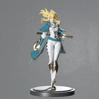 Detailed Anime Warrior Figurine With Blonde Hair Blue White Outfit Sword And Standing Pose 3d model