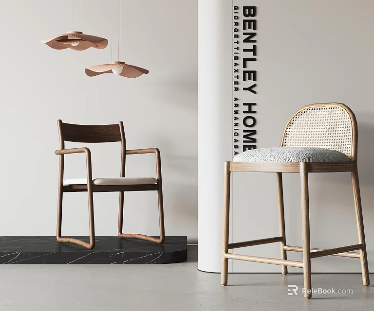 Luxury Bentley Home Single Chair With Wooden Frame And Woven Rattan Back Design 3d model 