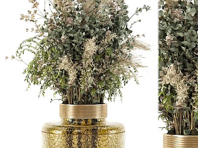Golden Glass Vase With Green And White Floral Bouquet For Home Decor 3d model