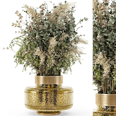 Golden Glass Vase With Green And White Floral Bouquet For Home Decor 3d model