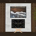 Modern Wooden Decorative Cabinet With Marble Top Wall Art And Potted Plant