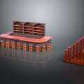 Wooden Bar Stools Arranged Around Bar Counter With Shelves And Staircase