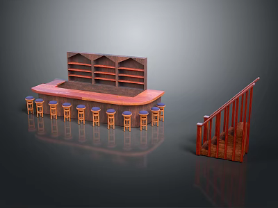 Wooden Bar Stools Arranged Around Bar Counter With Shelves And Staircase 3d model