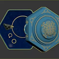 Ornate Blue Octagonal Box With Open Lid Golden Patterns And Velvet Interior