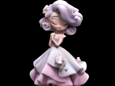 Cute Purple Curly Hair Doll Wearing Pink And White Dress With Flower Decorations 3d model