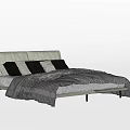 Modern Double Bed With Gray Headboard Multiple Pillows And Striped Black Gray Blanket 3d model