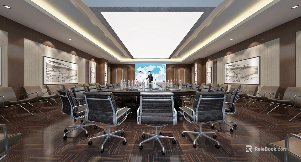 Modern Conference Room With Long Table Chairs Ceiling Lighting Decorative Paintings Wooden Flooring And Screen 3d model 
