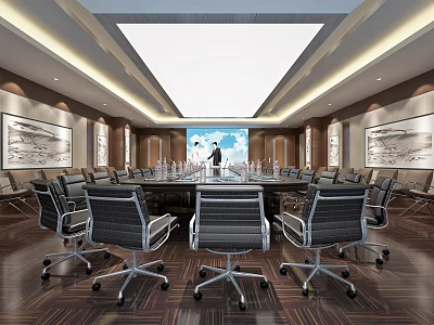 Modern Conference Room With Long Table Chairs Ceiling Lighting Decorative Paintings Wooden Flooring And Screen 3d model