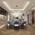 Modern Living And Dining Area Interior With Chandeliers Wooden Elements Marble Accents And Sofa