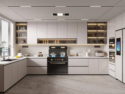 Modern White Kitchen Interior With Island Counter Built In Appliances And Lighting 3d model