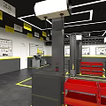 Modern Car Care Store With Parked Vehicles Yellow Pillars And Maintenance Services