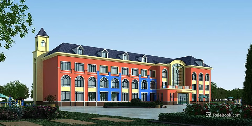 Colorful School Building With Red And Blue Walls Multiple Arched Windows And Green Lawns 3d model 