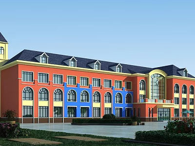Colorful School Building With Red And Blue Walls Multiple Arched Windows And Green Lawns 3d model
