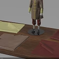Mannequin In Brown Coat With Yellow Maroon And Brown Fabric Samples