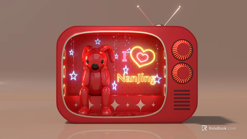 Red Vintage TV Photo Check-in Spot With Red Puppy I Love Nanjing Neon Star Decorations 3d model 